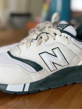 New Balance FIGS Cream and Dark Green Sneakers